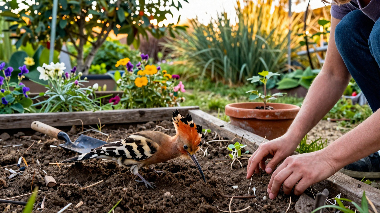 A person gardening in a flower bed with a hoopoe bird foraging in the soil nearby.