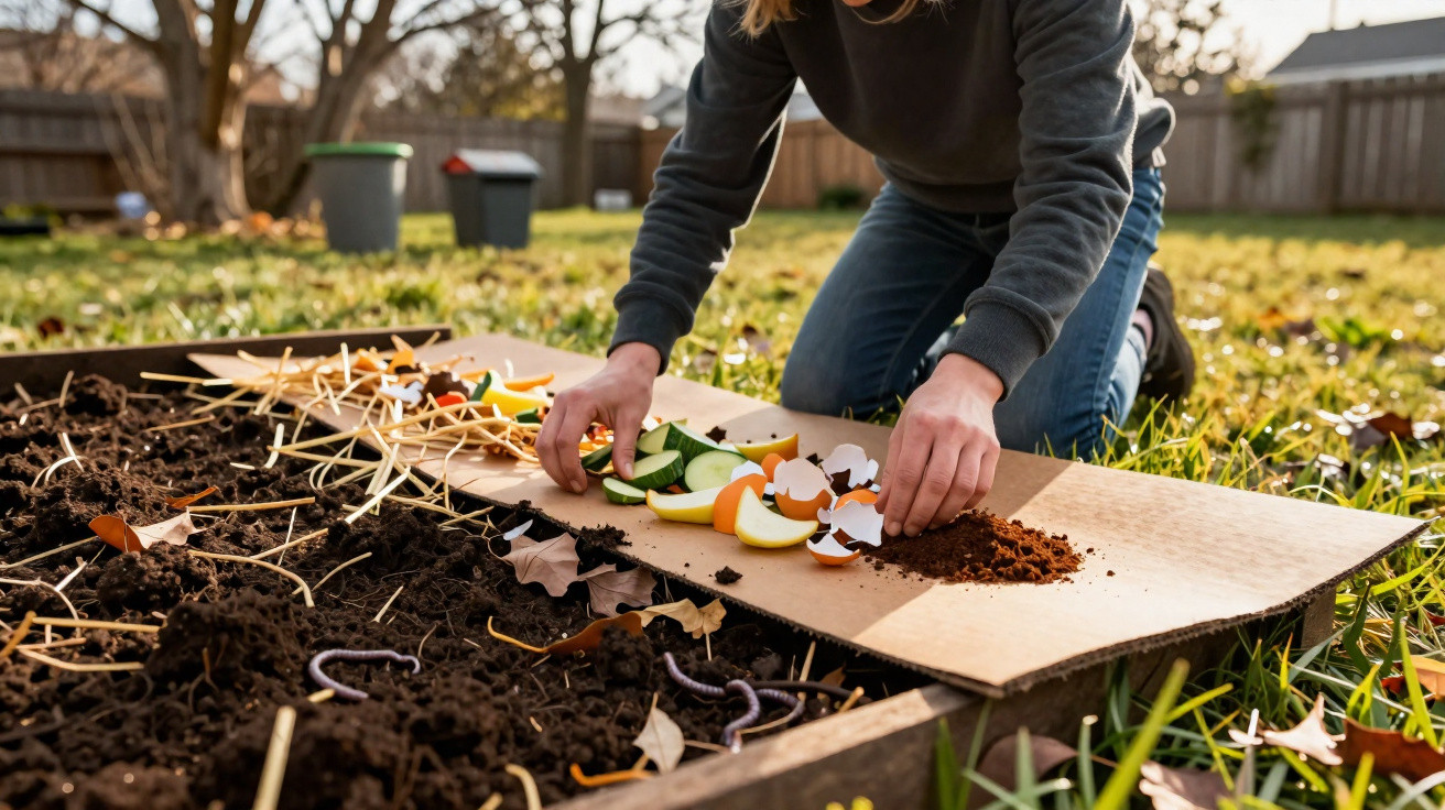 Person kneeling in a garden spreading vegetable scraps and eggshells on cardboard beside soil with earthworms.