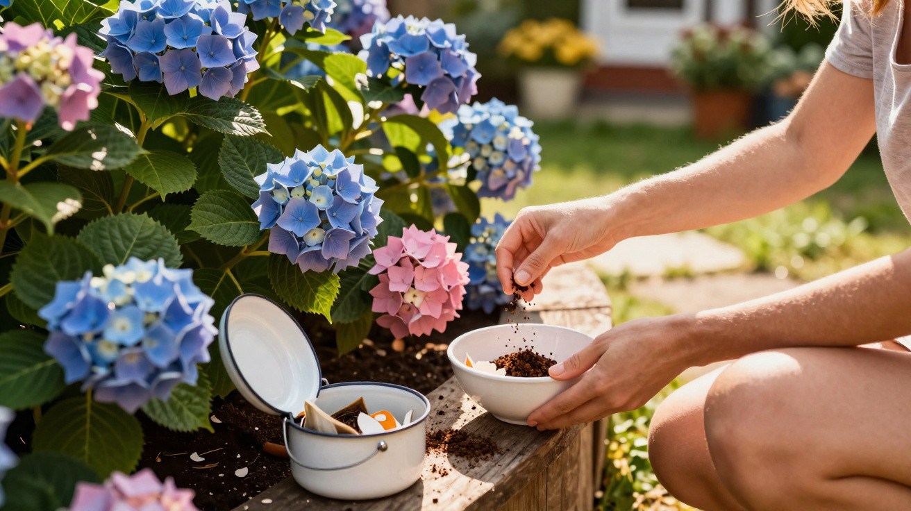 Person planting seeds in a garden bed near blooming blue and pink hydrangea flowers on a sunny day.