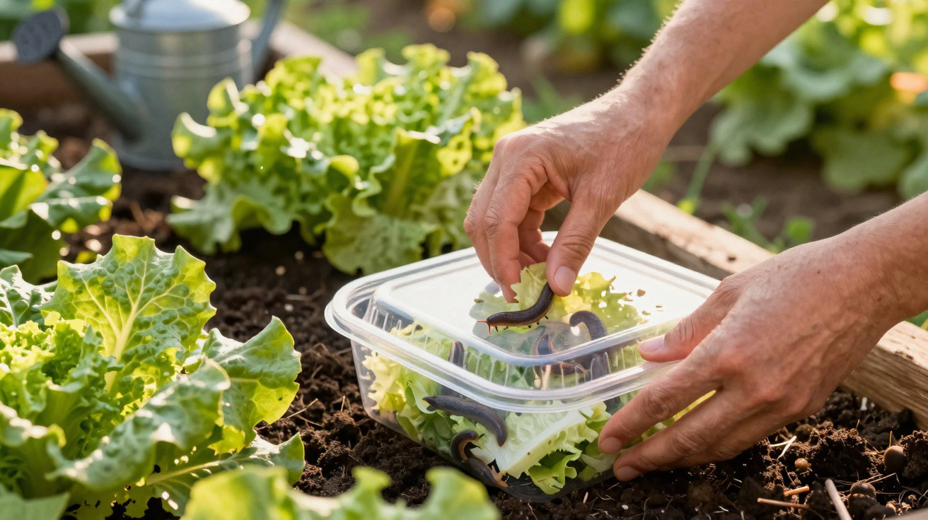 Hands removing caterpillars from lettuce leaves and placing them into a plastic container in a garden bed.