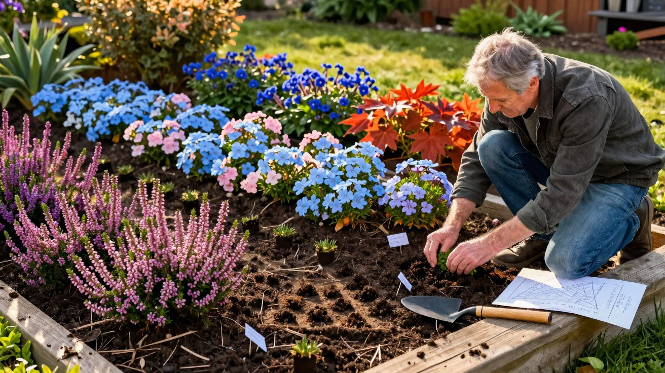 Older man planting flowers in a raised garden bed surrounded by blooming plants and gardening tools.