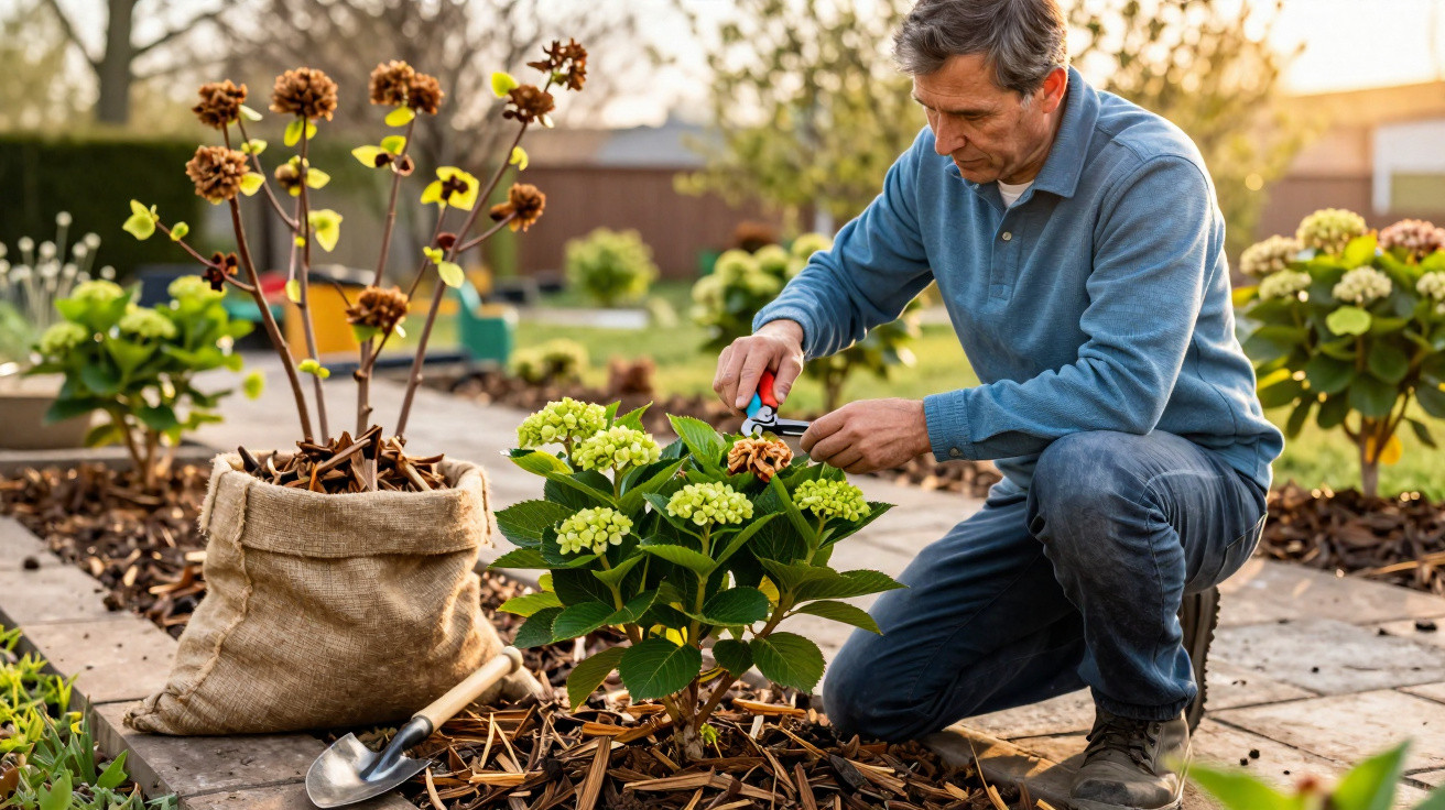 Man pruning green hydrangea flowers in garden with gardening tools and mulch bag nearby at golden hour.