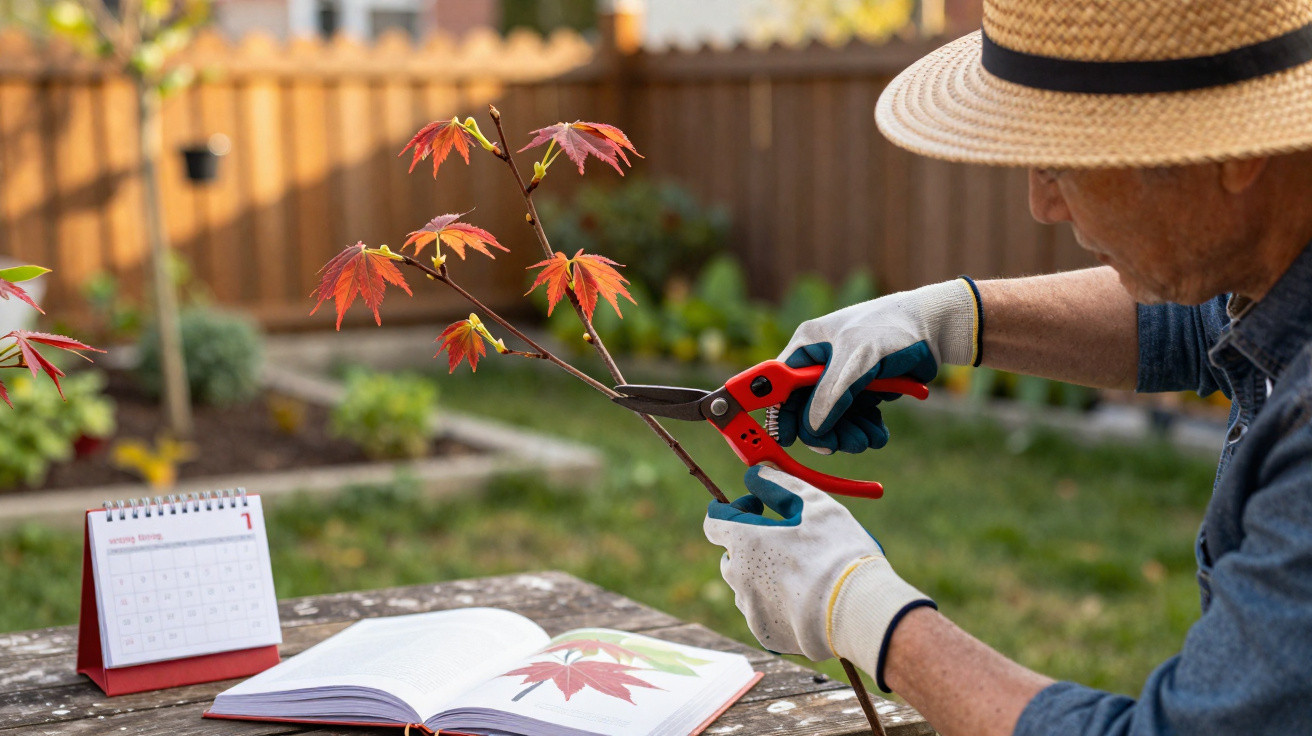 Person wearing gloves and a hat pruning a red maple branch outdoors next to a book and calendar on a wooden table.