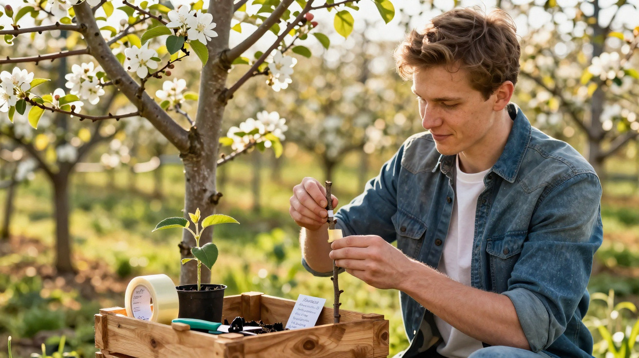 Young man grafting a tree branch outdoors in a blossoming orchard during daytime.