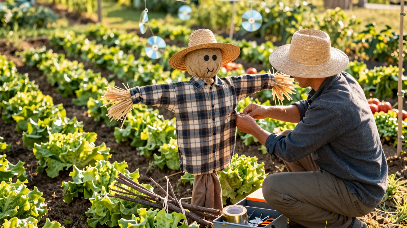 Person wearing a straw hat adjusting a scarecrow in a vegetable garden with lettuce and tomatoes.