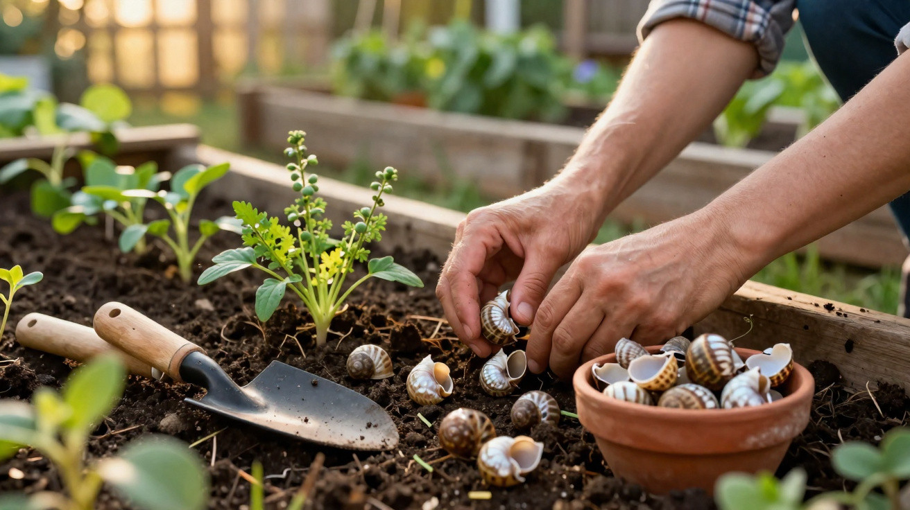 Hands placing snail shells in a garden bed with seedlings, a trowel, and a terracotta pot nearby.