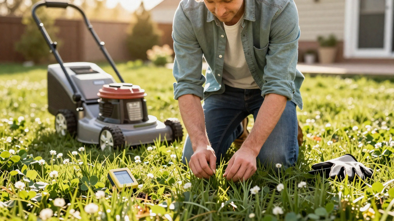 Man kneeling on grass with flowers, tending to plants near a lawn mower and gardening gloves in a sunny backyard.