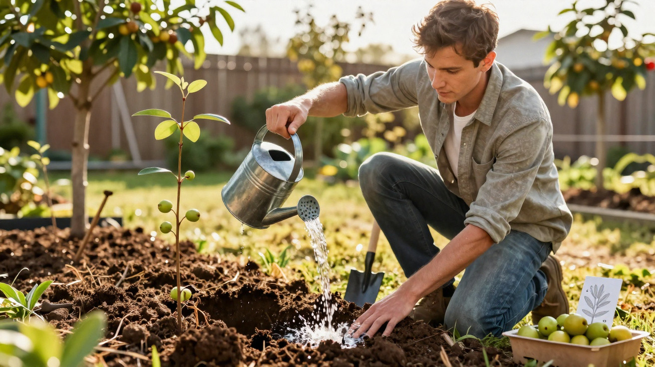Man watering a young tree in a garden with a metal watering can on a sunny day.