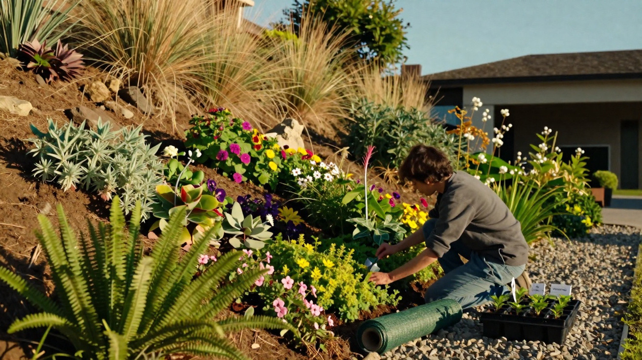 Person gardening a colourful flower bed on a sunny day beside a gravel path and modern building.