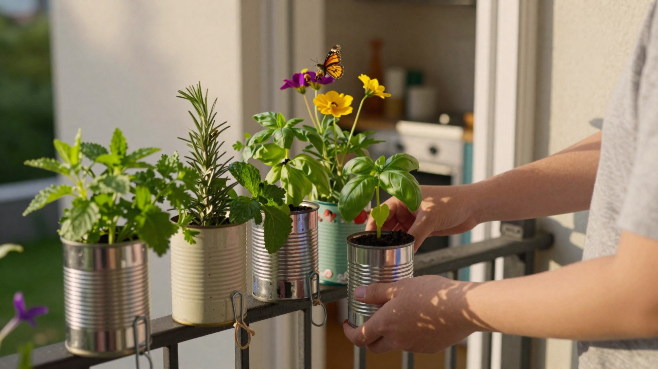 Hands placing a small tin pot with a plant on a balcony railing with various potted herbs and flowers.