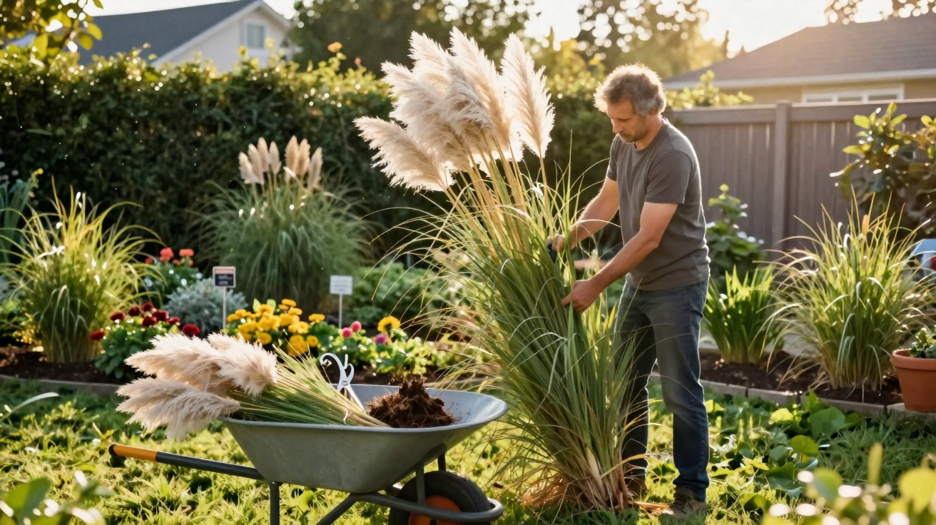 Man gardening with pampas grass in a sunlit, colourful flower garden in a residential backyard.