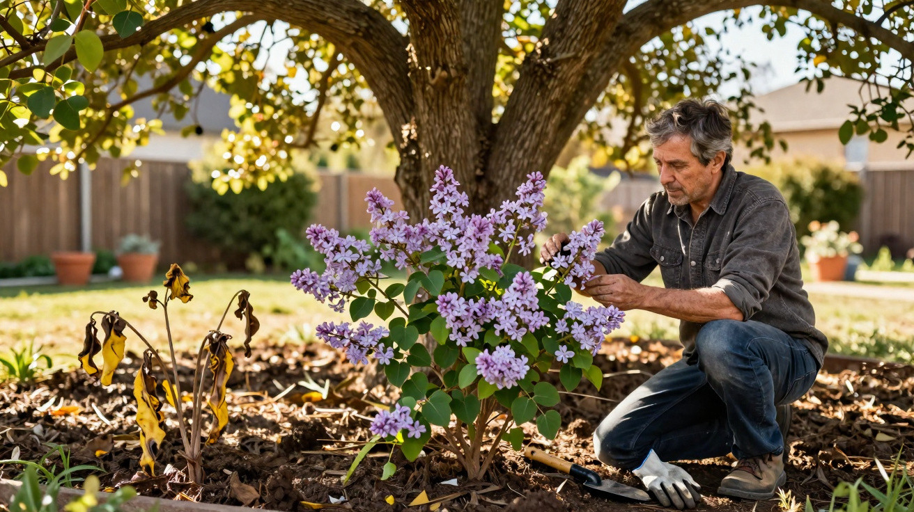 Man kneeling in garden tending to a lilac bush under a tree on a sunny day.