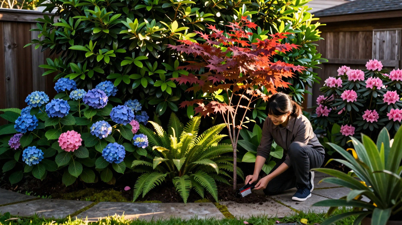Woman gardening beside colourful hydrangeas, ferns, and a small tree in a sunny, fenced garden.