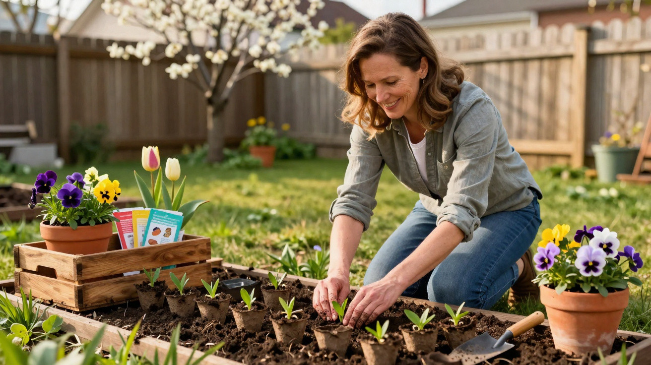 Woman planting seedlings in a garden bed surrounded by flower pots and seed packets on a sunny day.