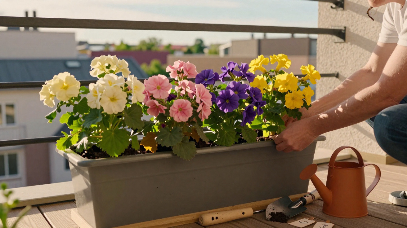 Person tending to colourful flowers in a planter box on a sunny balcony with gardening tools nearby.