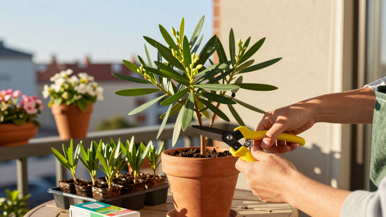 Person pruning a small potted plant on a sunny balcony with other plants in the background.