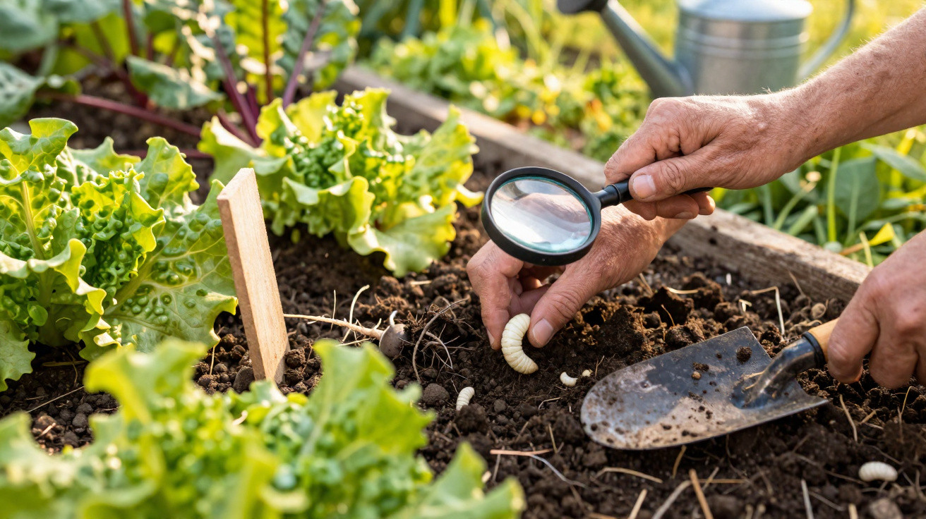 Person examining white grubs in soil of a vegetable garden bed using a magnifying glass and trowel.