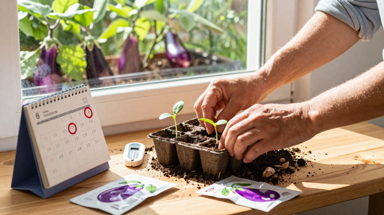 Hands planting eggplant seedlings in pots on a windowsill, with a calendar and seed packets nearby.