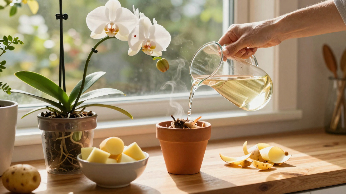 Hand pouring hot water into a terracotta pot with soil, orchid plant and bowl of potatoes on wooden windowsill.