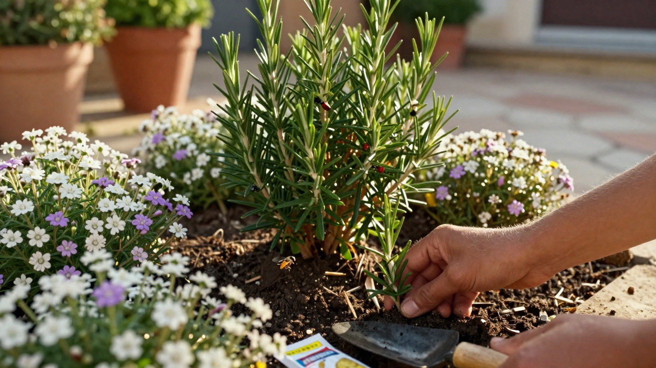 Hands planting rosemary in soil surrounded by small white and purple flowers in a garden bed.