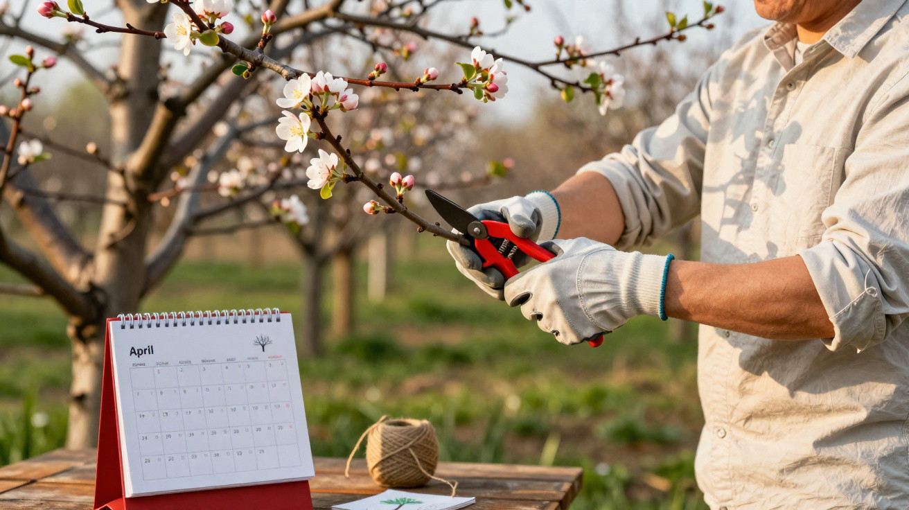 Person pruning a blossoming tree branch in April using red garden shears in an orchard.