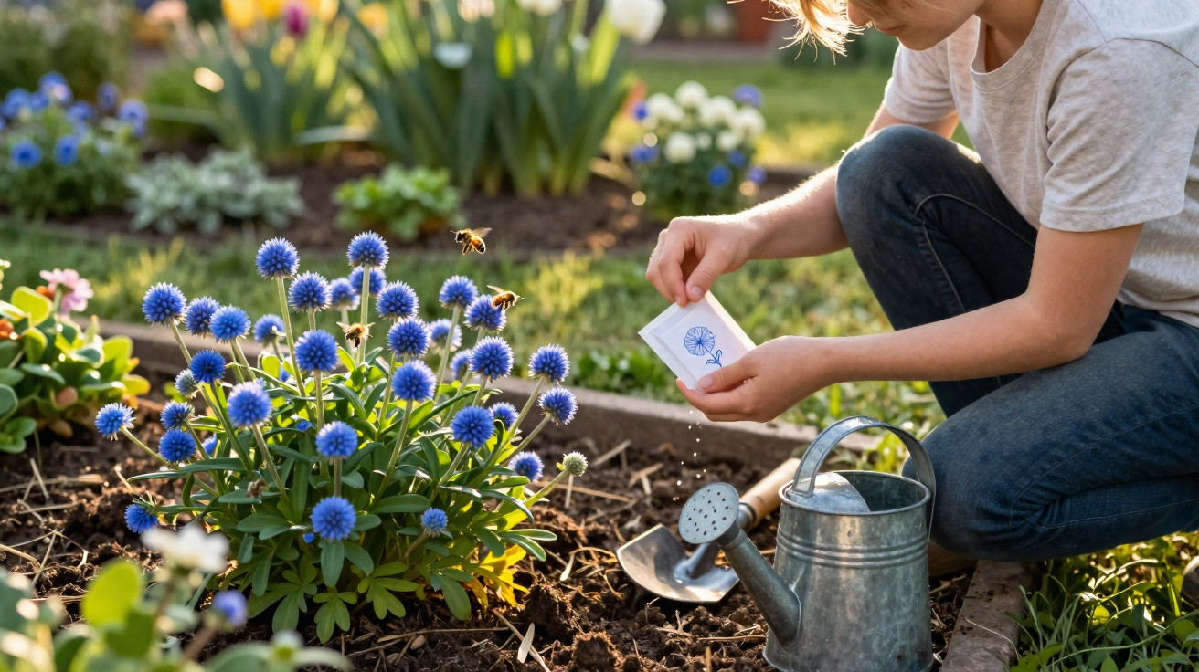 Child kneeling in garden holding seed packet near blue globe thistle flowers with watering can and trowel nearby