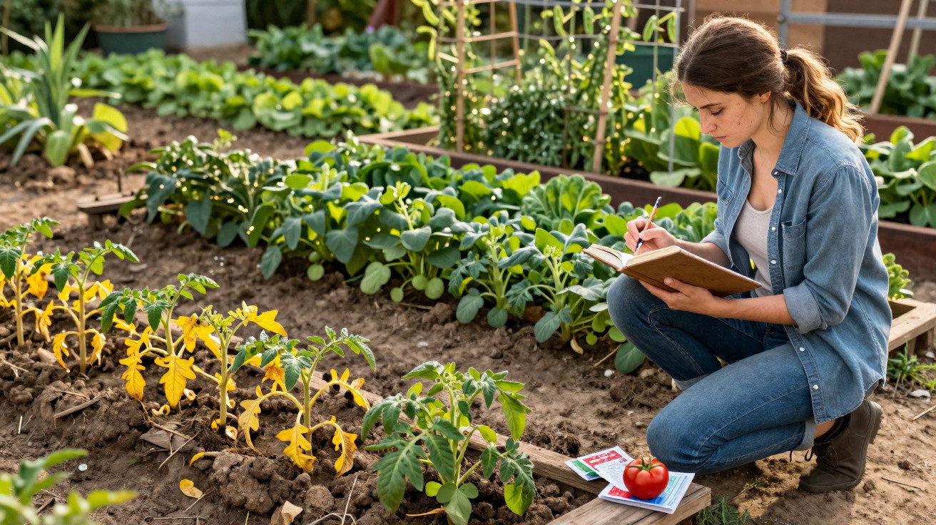 Woman kneeling in a garden taking notes near tomato plants and other green leafy vegetables growing in rows.