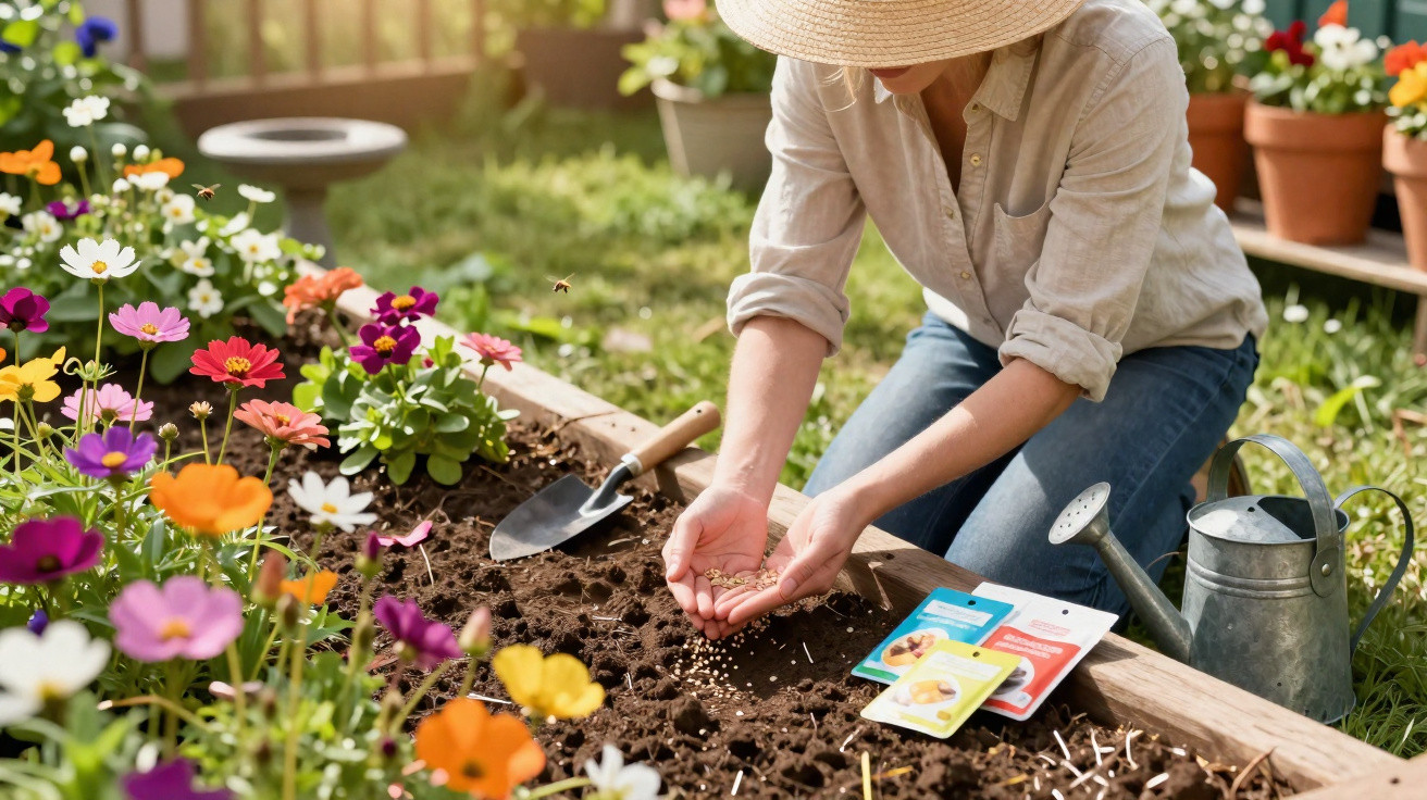 Person sowing seeds in a garden bed surrounded by colourful flowers with gardening tools nearby.