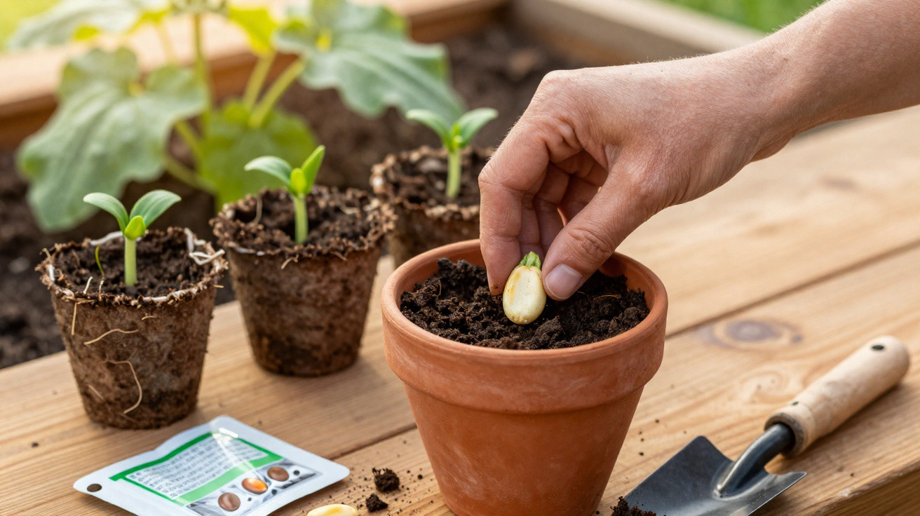Hand planting a seed in a terracotta pot on a wooden table with seedlings and gardening tools nearby.