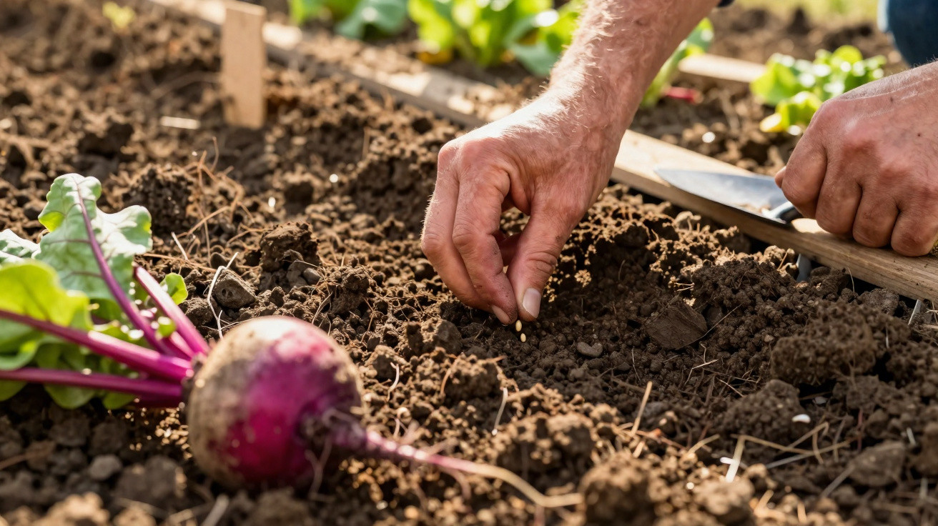 Hands planting seeds in soil beside a freshly harvested beetroot in a garden bed.