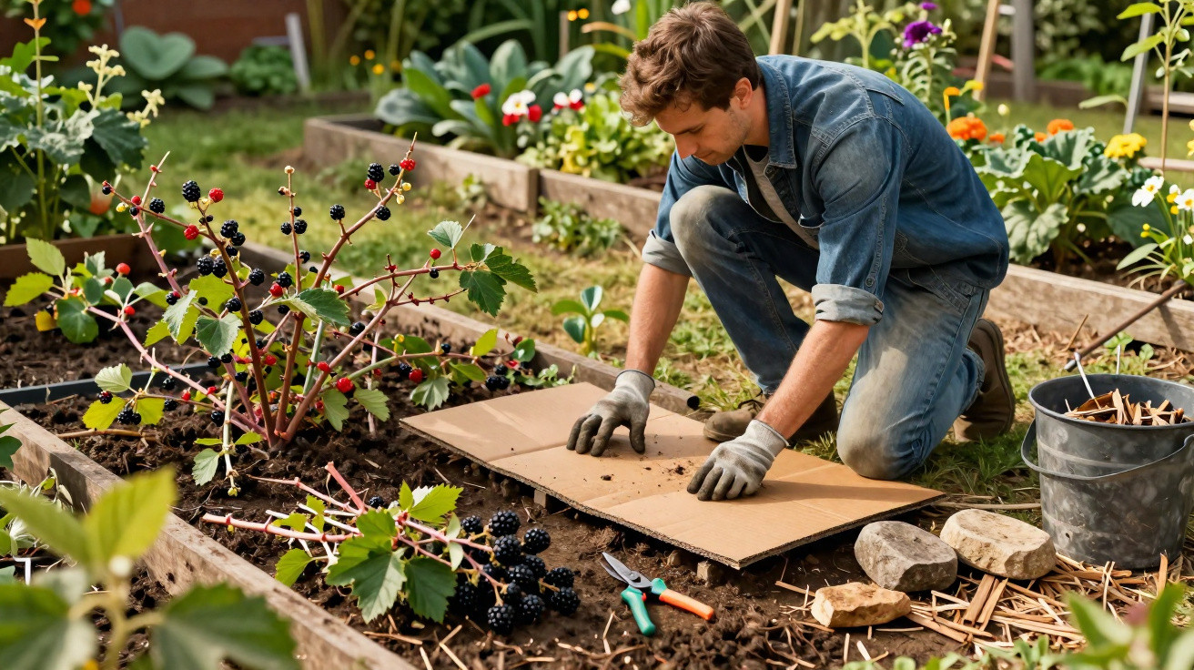 Man kneeling in a garden, laying cardboard on soil next to a blackberry bush and gardening tools.