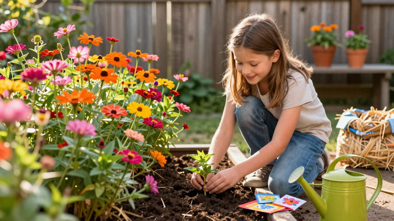 Young girl planting a seedling in a garden bed surrounded by colourful flowers and gardening tools.
