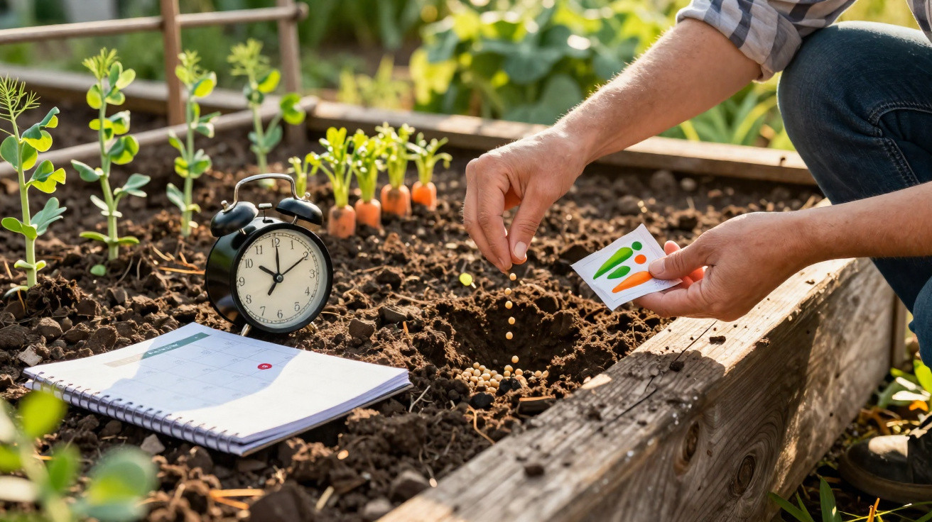 Person planting seeds in a garden bed with a notebook and clock nearby, next to growing carrots.
