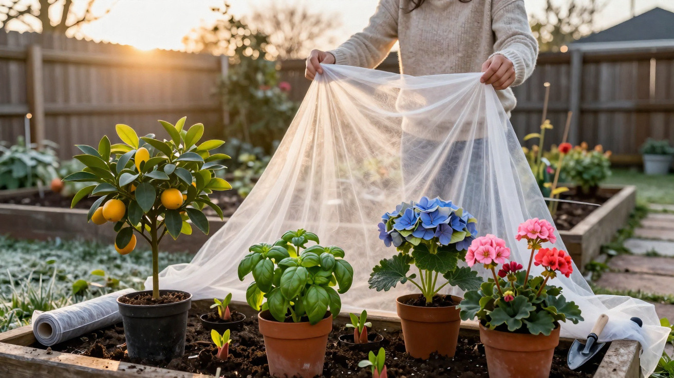 Person covering potted plants with clear horticultural fleece in a garden at sunrise.