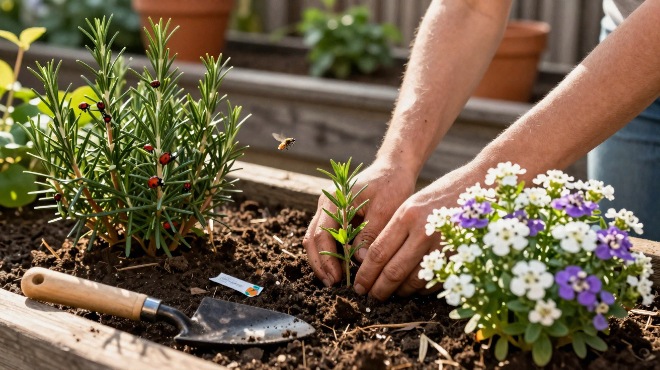 Hands planting seedling in soil beside flowers and rosemary with gardening trowel in a raised garden bed outdoors.