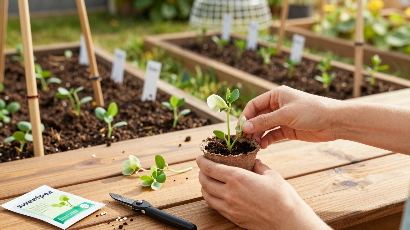 Hands planting a sweet pea seedling in a biodegradable pot on a garden table with raised beds in the background.