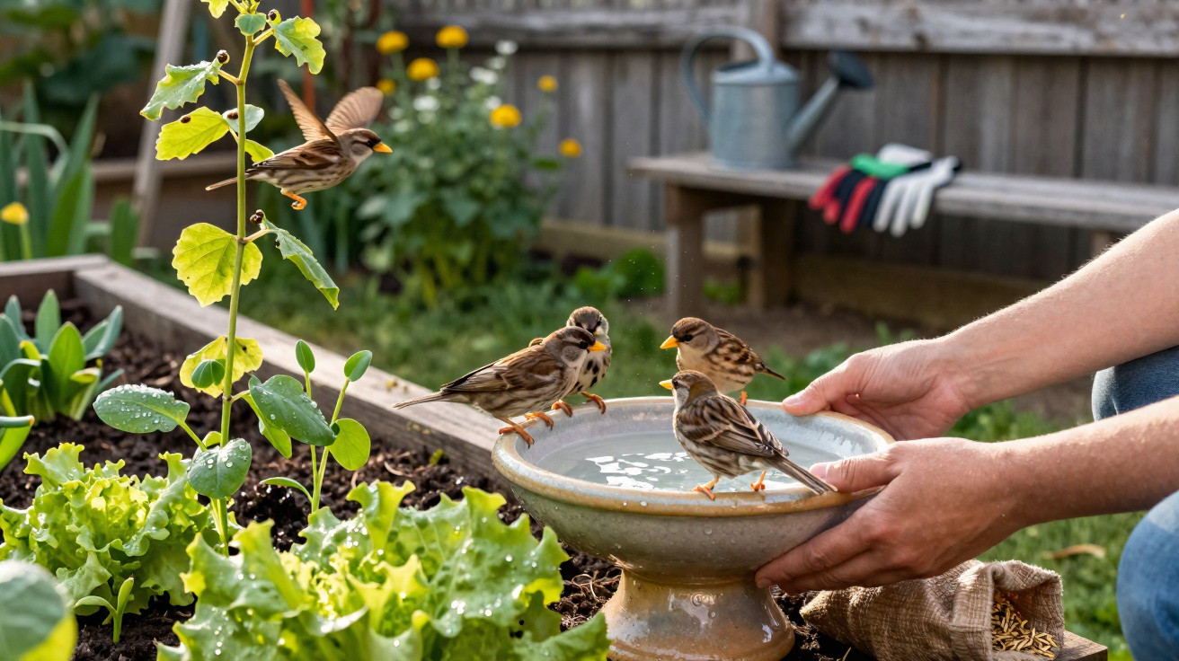 Small birds drinking water from a garden birdbath held by a person near vegetable plants.
