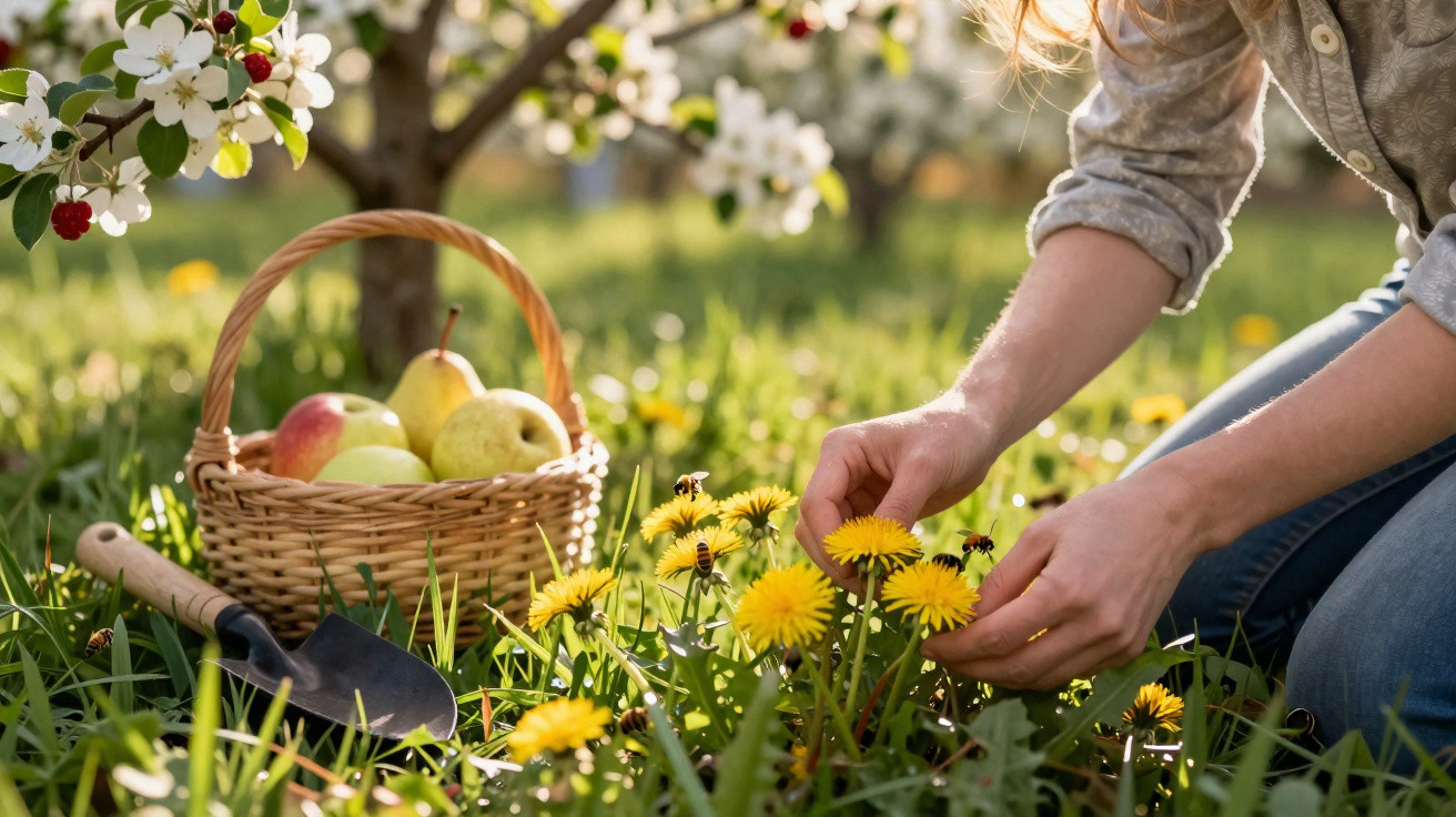 Person picking yellow dandelions in a grassy orchard with a basket of apples and a garden trowel nearby.