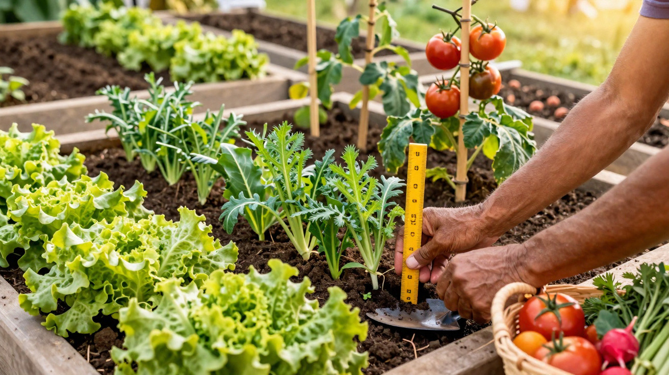 Hands measuring plant growth with a ruler in a raised garden bed with lettuce and tomato plants.