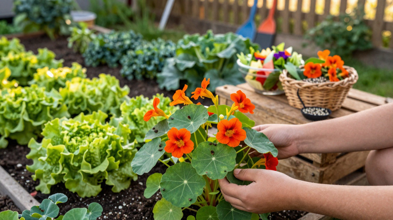 Hands tending to orange nasturtium flowers in a vegetable garden with lettuce and gardening tools nearby.