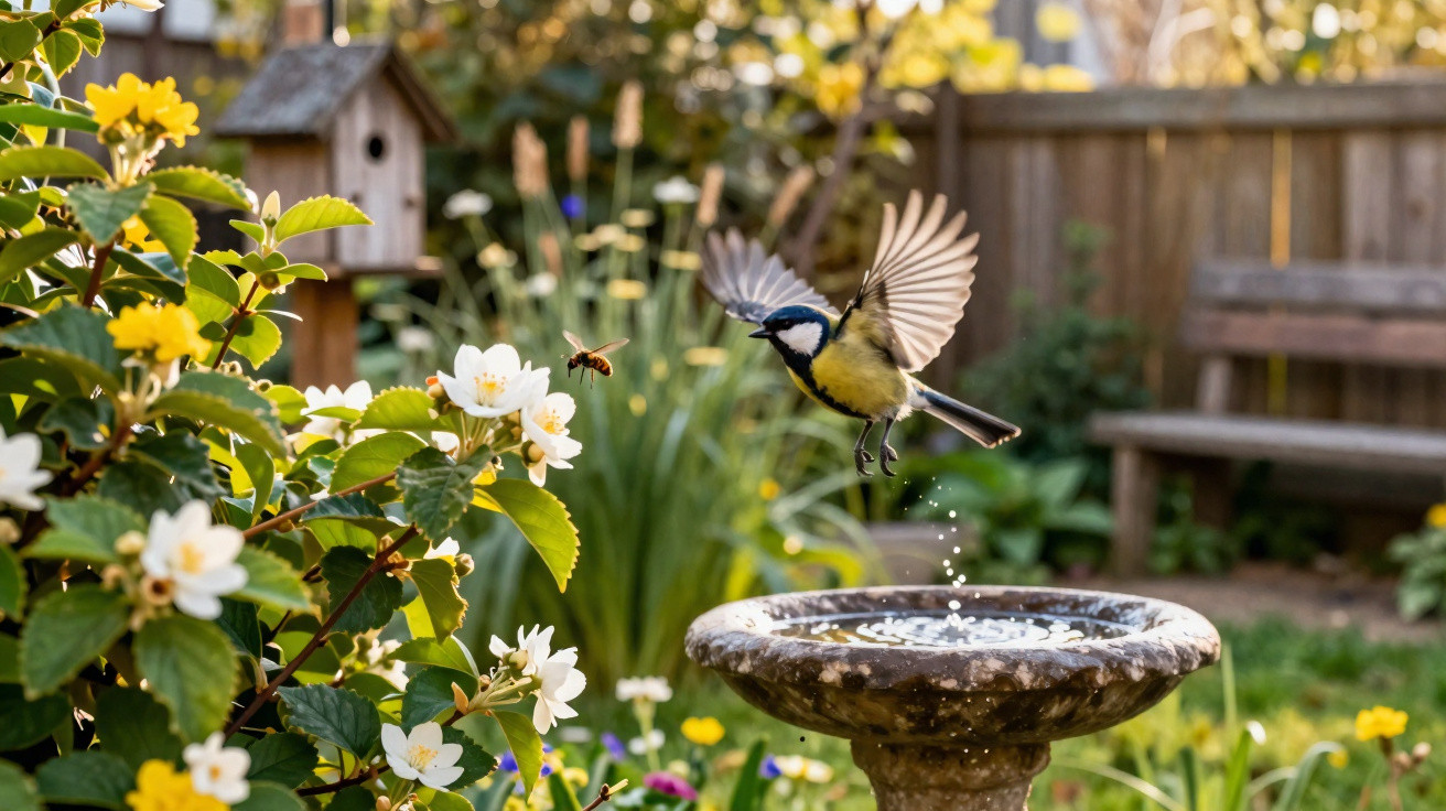 Great tit bird in mid-flight above a stone birdbath with white flowers and a bee nearby in a sunlit garden.