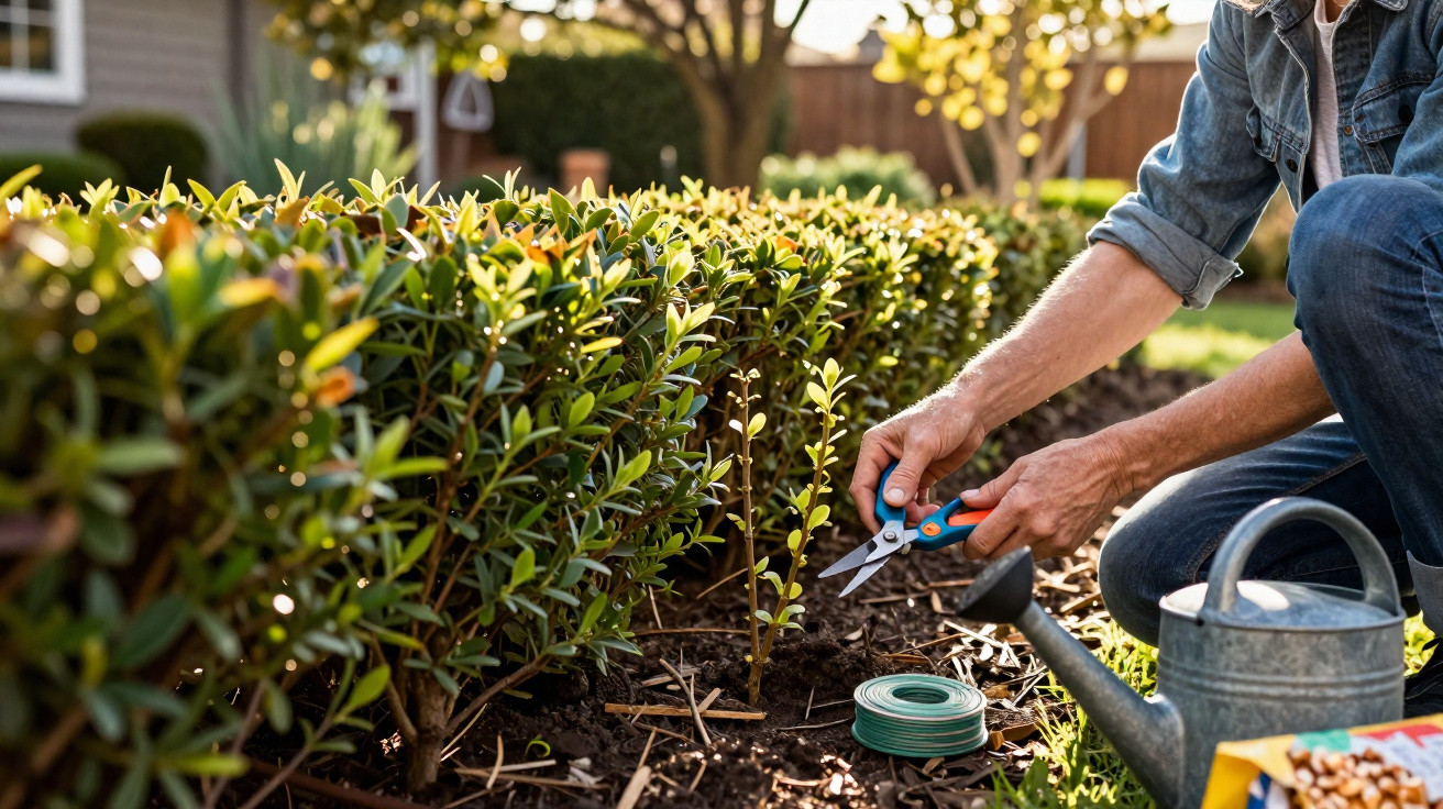 Person pruning green hedge with gardening shears in a sunny garden next to a watering can and garden twine.