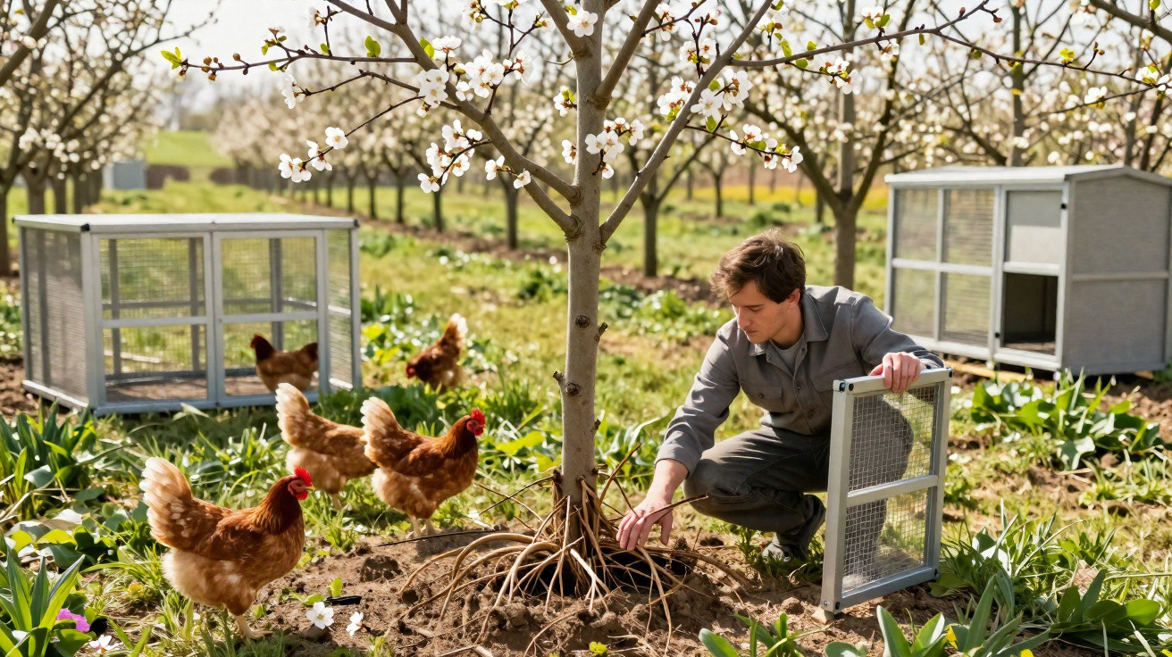 Man kneeling by a tree among blossom trees with chickens and mobile chicken coops in a green orchard.