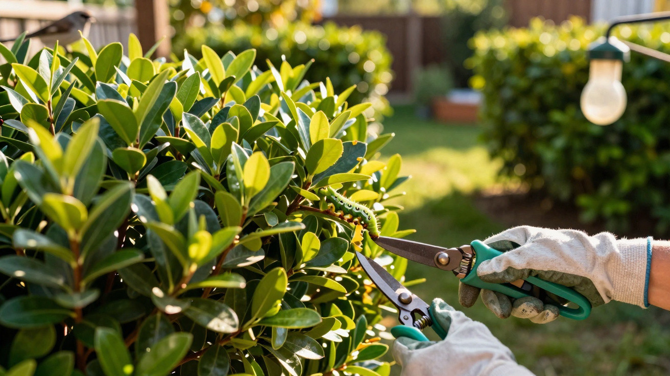 Close-up of a gardener wearing gloves pruning a green leafy bush with garden shears in a sunny garden.