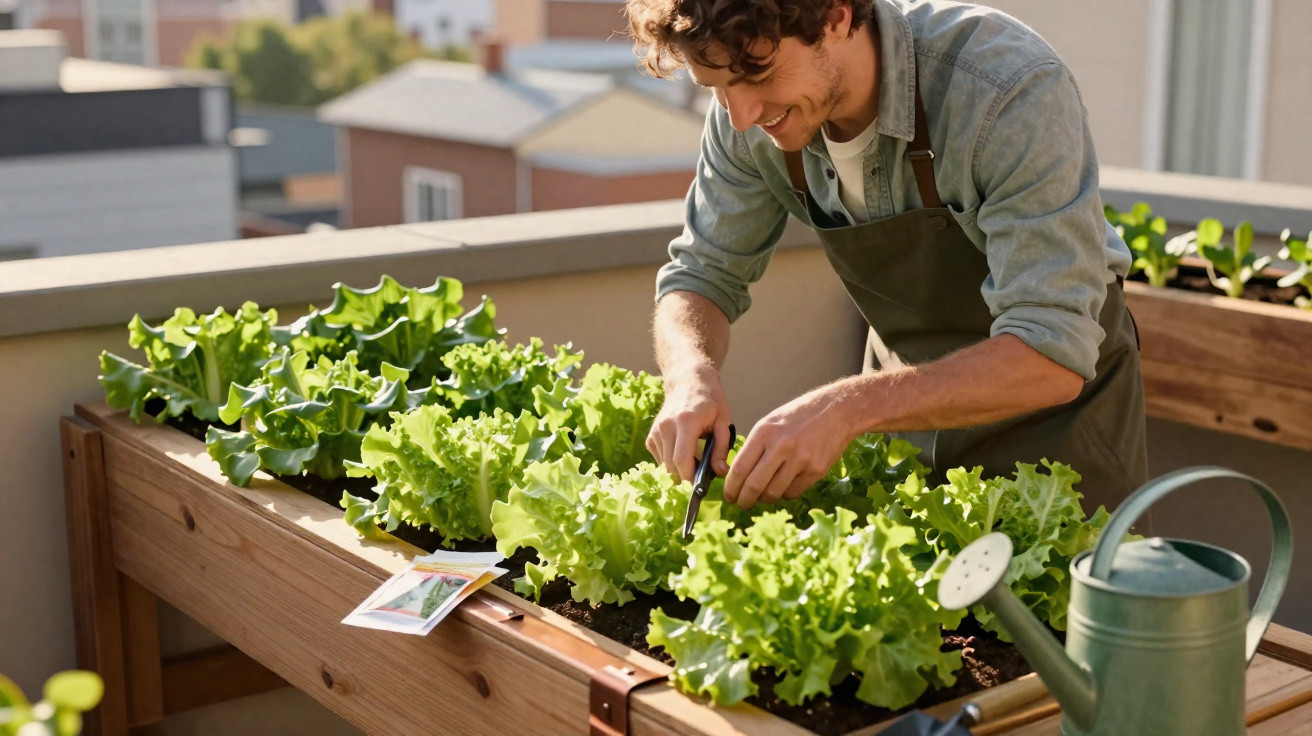 Man harvesting fresh lettuce from a raised wooden garden bed on a sunny balcony.