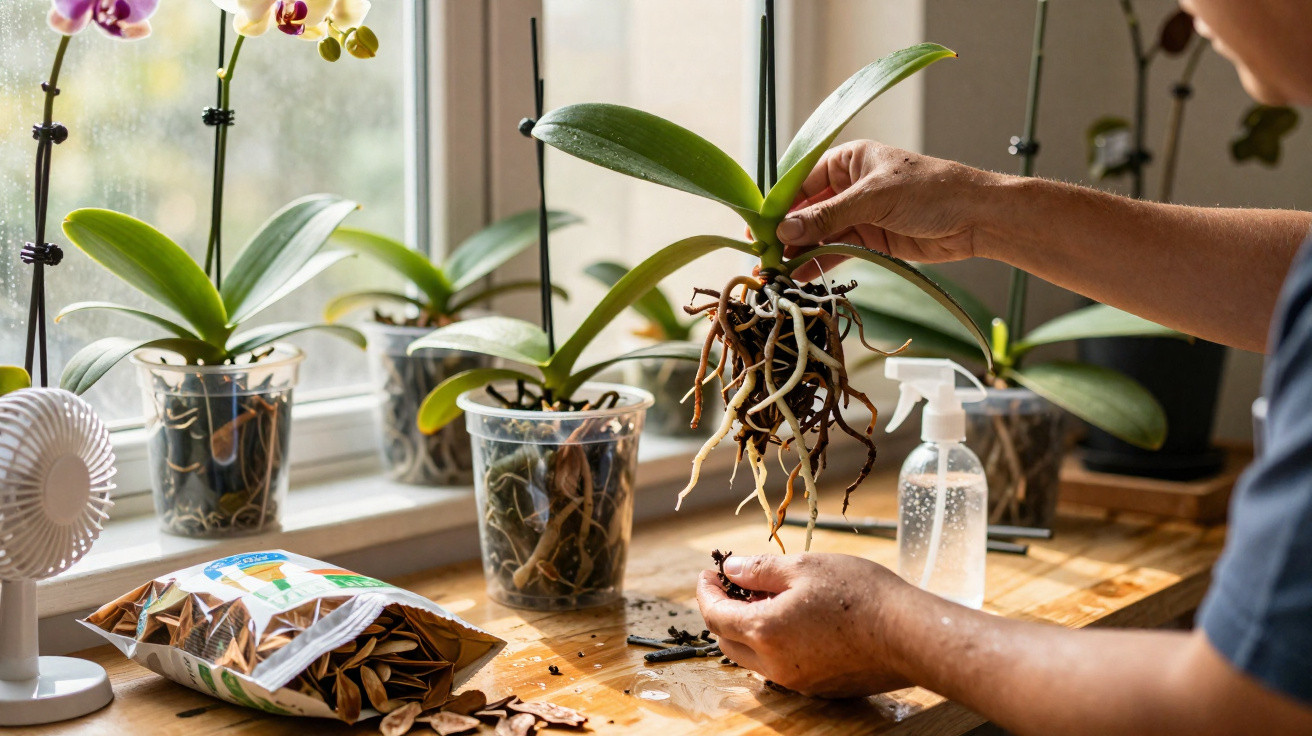 Person repotting an orchid plant indoors near a window with orchid pots and gardening supplies.
