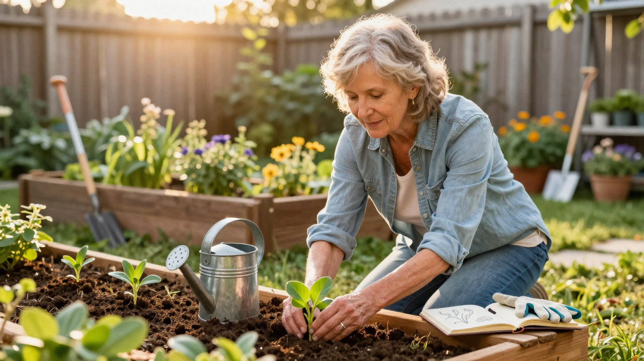 Older woman planting seedlings in a raised garden bed with gardening tools and plants around her.