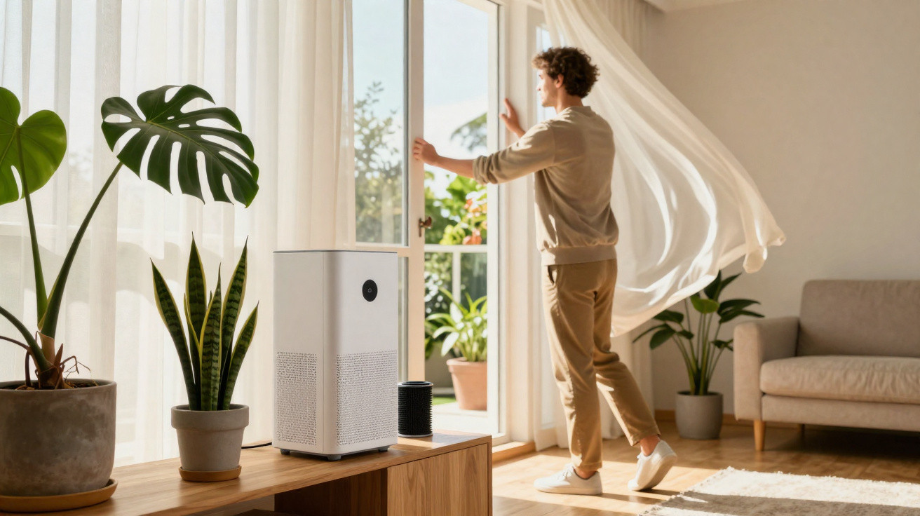 Person opening balcony door in a sunny living room with plants, an air purifier, and flowing white curtains.