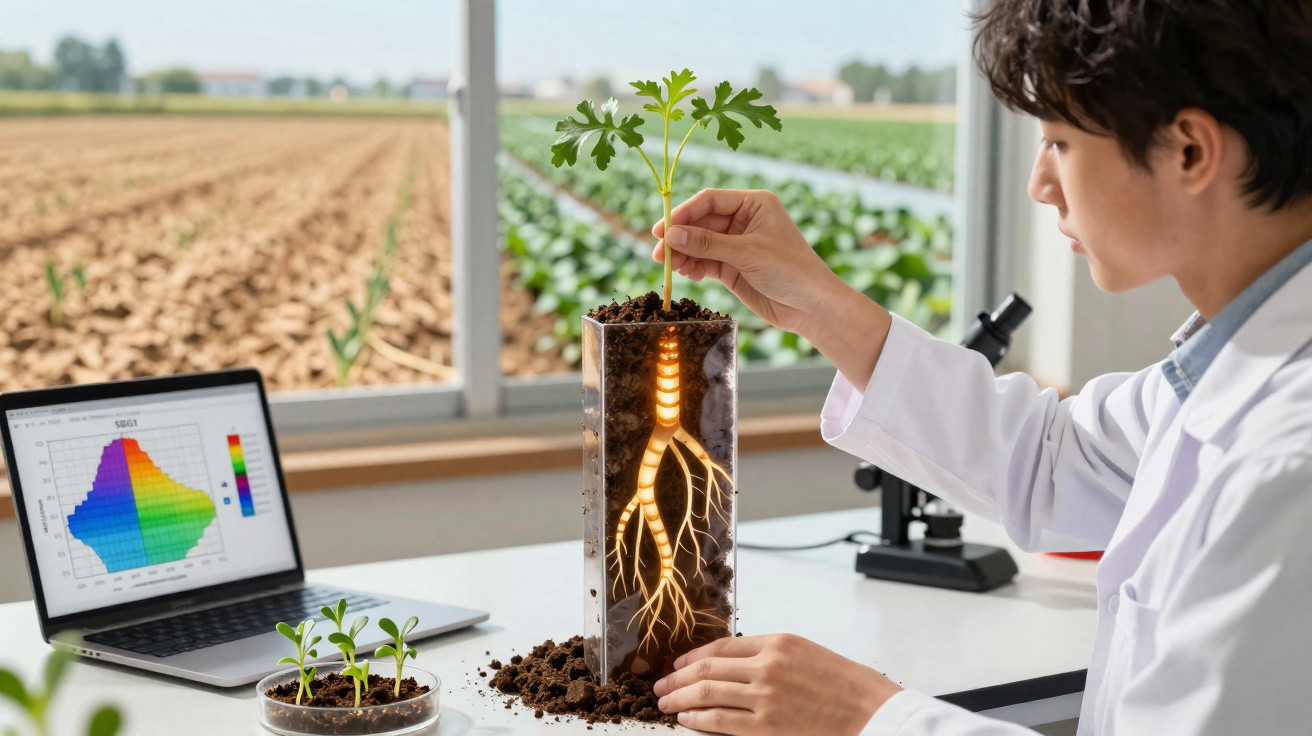 Scientist in lab coat examining a plant with illuminated roots inside a transparent soil container in a bright lab.