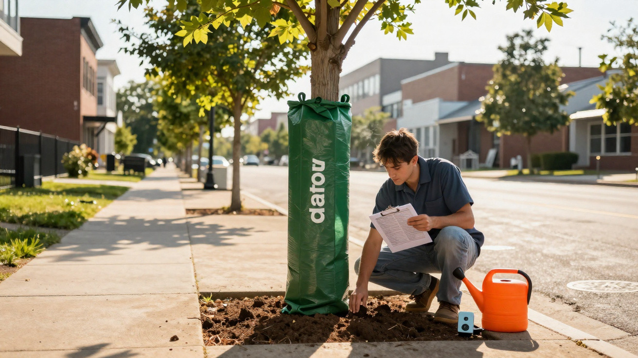 Young man examining soil near a newly planted tree on a sunny urban street with watering can nearby.